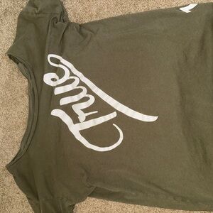 True Religion Olive Green Tee with White Script Logo off shoulder